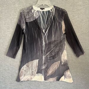 Komarov Pleated Sheer Tunic Top Womens Small Artsy Mesh Realistic Leaf Art Print